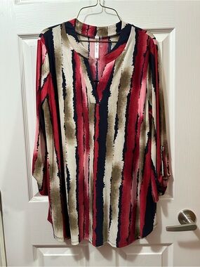Vertical Painterly Stripe Split-Neck Blouse - Red, Navy & Cream